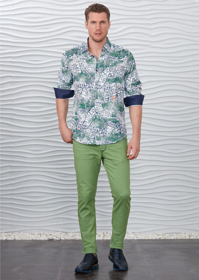 Green White Mosaic Silky Shirt