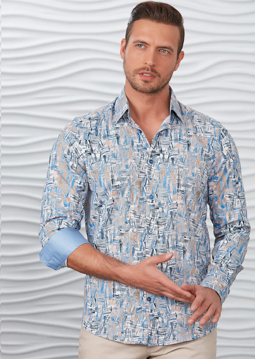 Blue Beige Brushstroke Silky Shirt