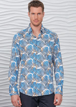 White Blue Houndstooth Silky Shirt