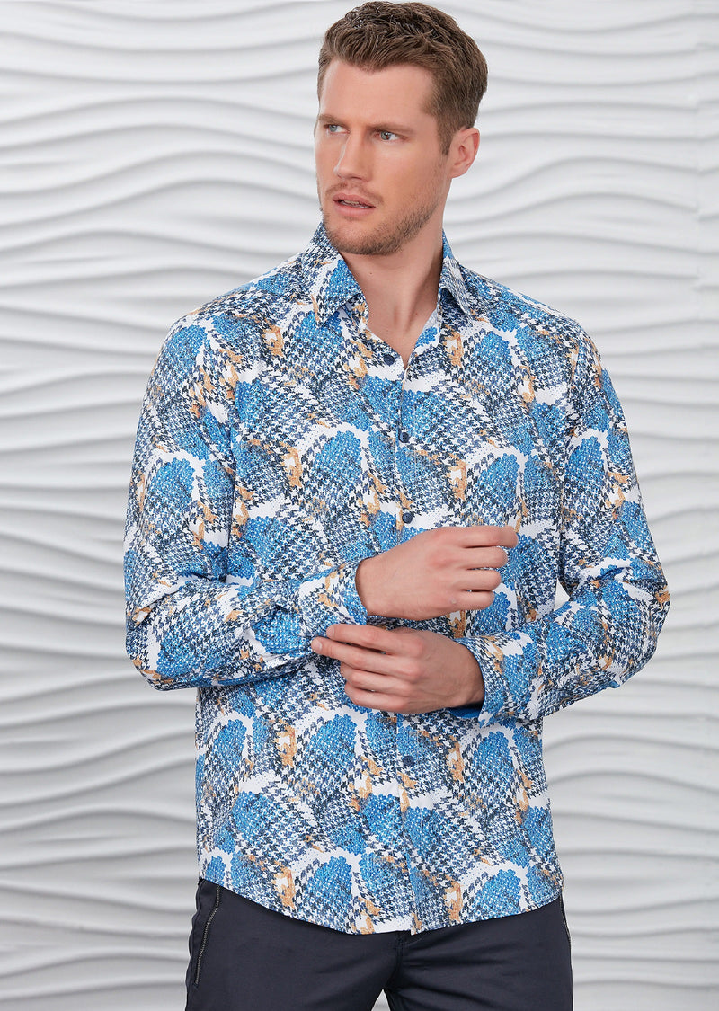 White Blue Houndstooth Silky Shirt