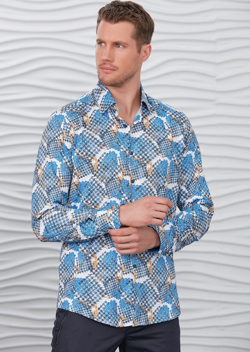 White Blue Houndstooth Silky Shirt