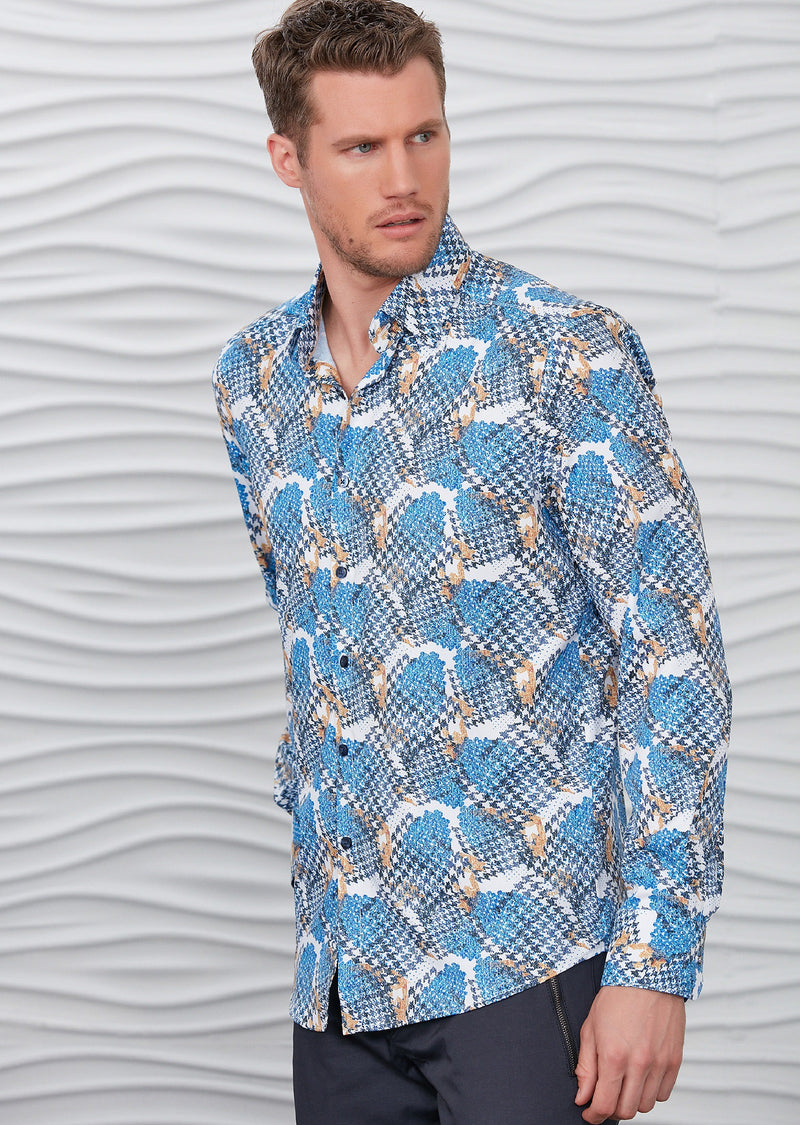 White Blue Houndstooth Silky Shirt
