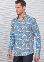 White Blue Houndstooth Silky Shirt