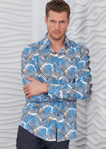 White Blue Houndstooth Silky Shirt