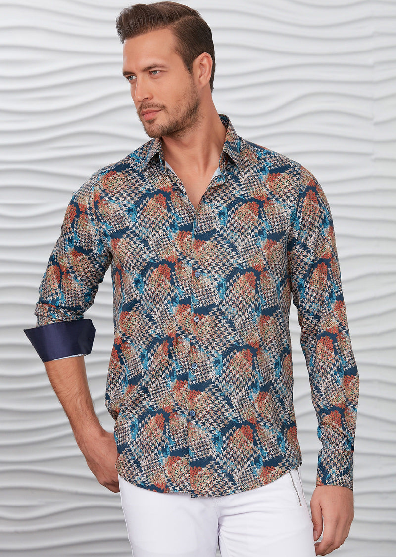 Navy Brown Houndstooth Silky Shirt