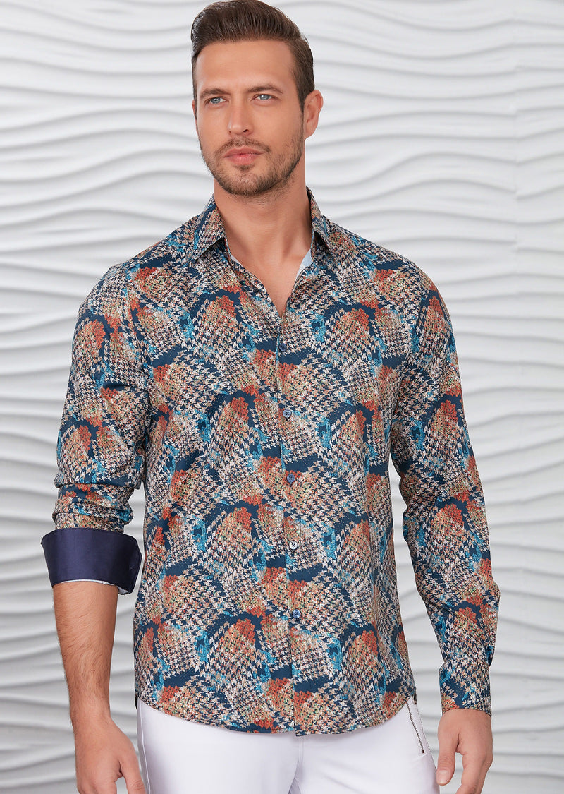 Navy Brown Houndstooth Silky Shirt