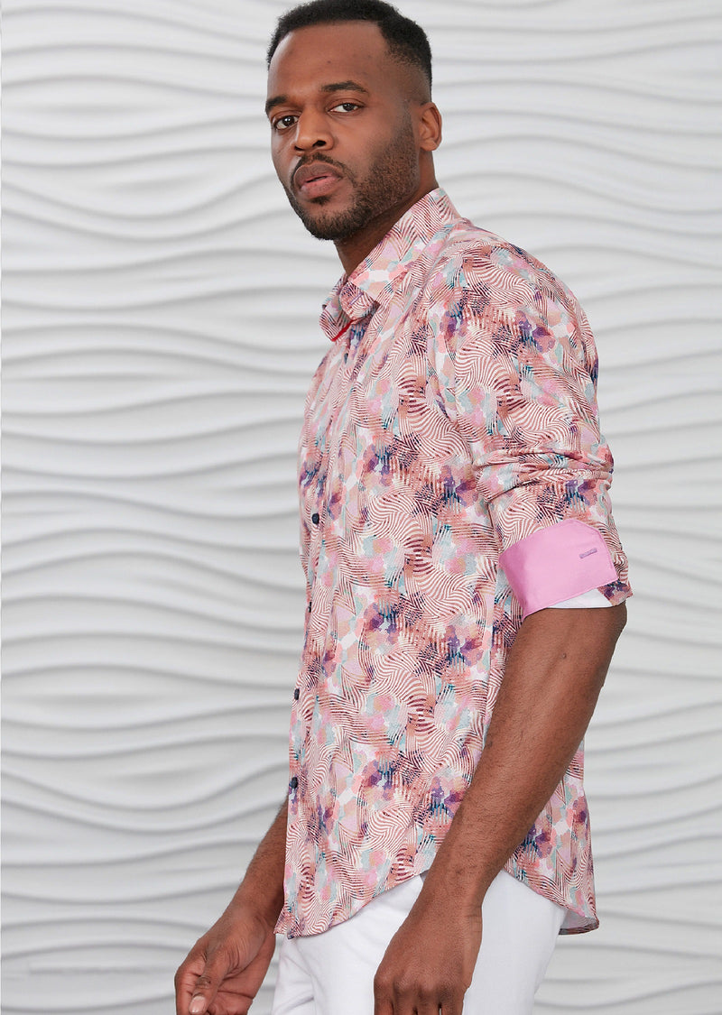 Pink Abstract Silky Long Sleeve Shirt