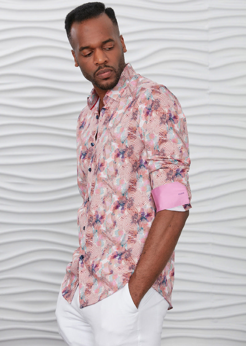 Pink Abstract Silky Long Sleeve Shirt