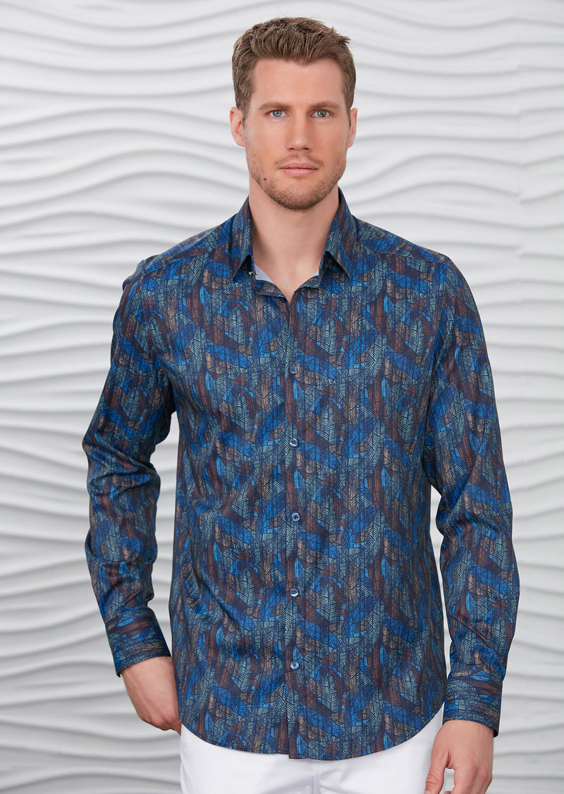 Blue Brown Leaf Silky Print Shirt