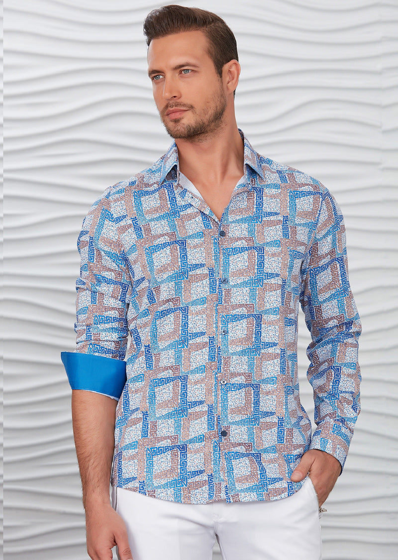 Blue Meander Print Silky Shirt