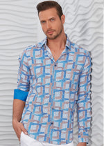 Blue Meander Print Silky Shirt