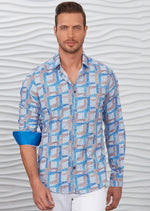 Blue Meander Print Silky Shirt