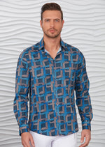 Blue Meander Print Silky Shirt