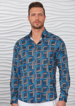 Blue Meander Print Silky Shirt