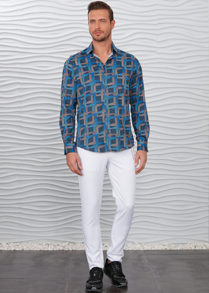 Blue Meander Print Silky Shirt