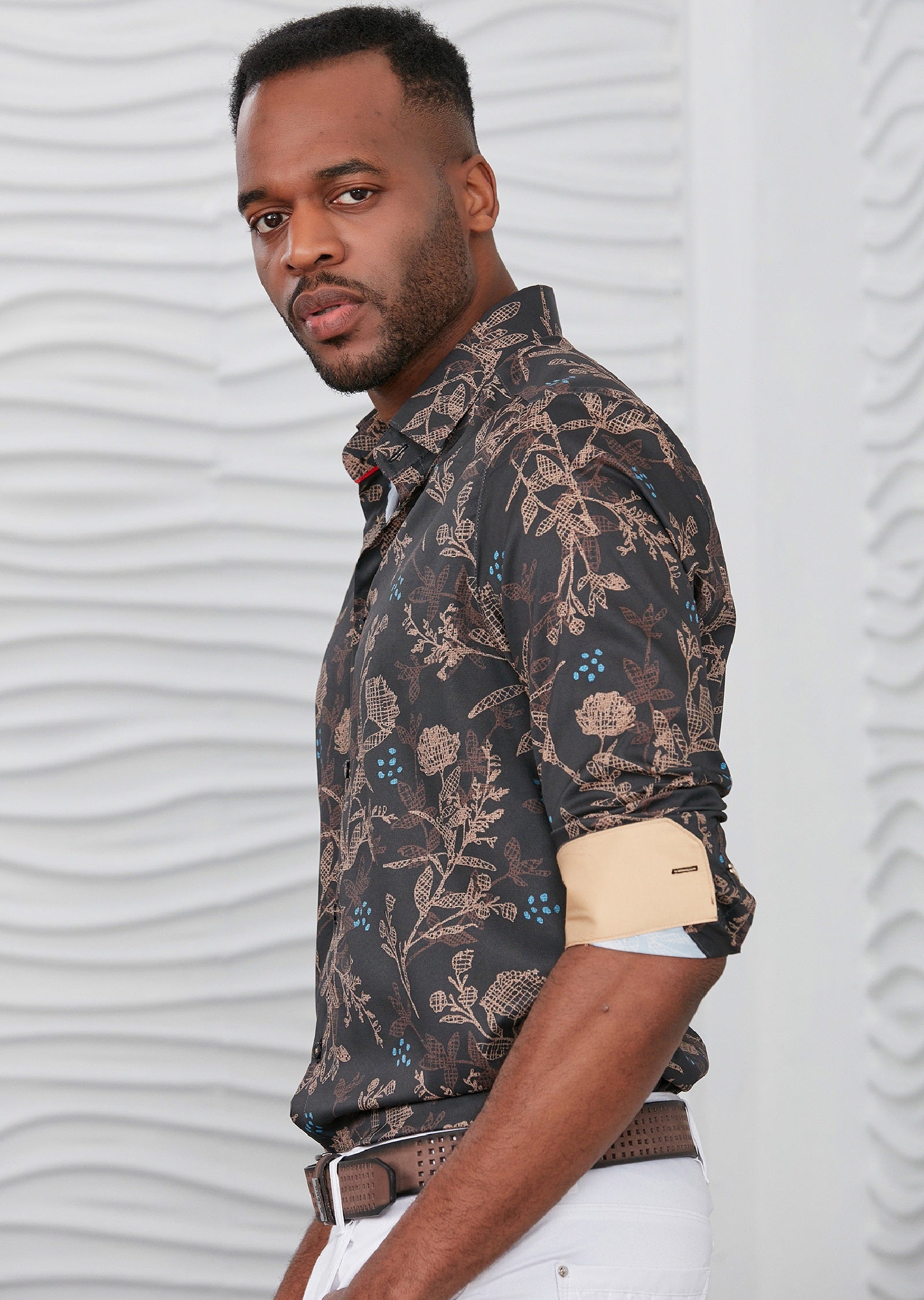 Brown Floral Print Silky Shirt M / White / COTTON