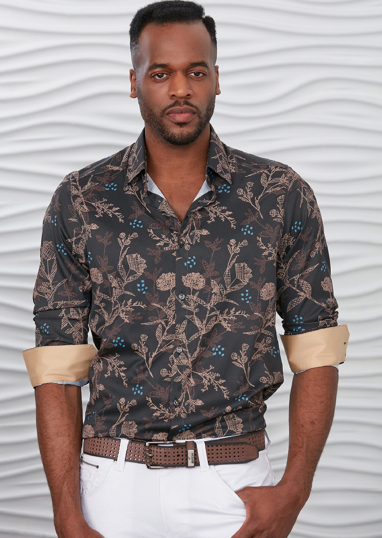 Brown Floral Print Silky Shirt M / White / COTTON Brown Floral Print Silky Shirt M / White / COTTON