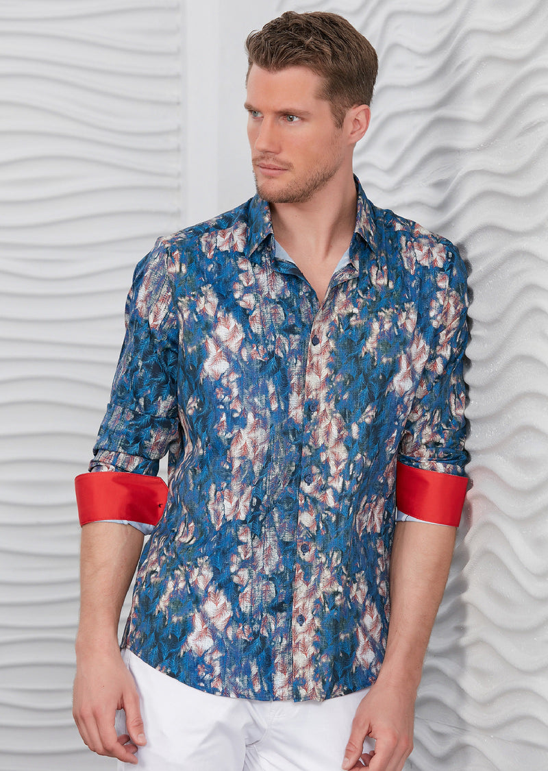 Blue Feather Pattern Silky Shirt