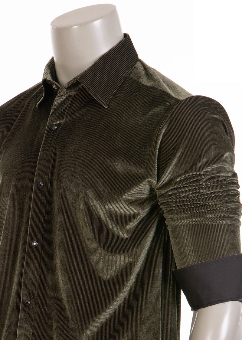 Green Tonal Stripe Velvet Shirt XXL / Green / VELVET/POLY/LYCRA Green Tonal Stripe Velvet Shirt XXL / Green / VELVET/POLY/LYCRA