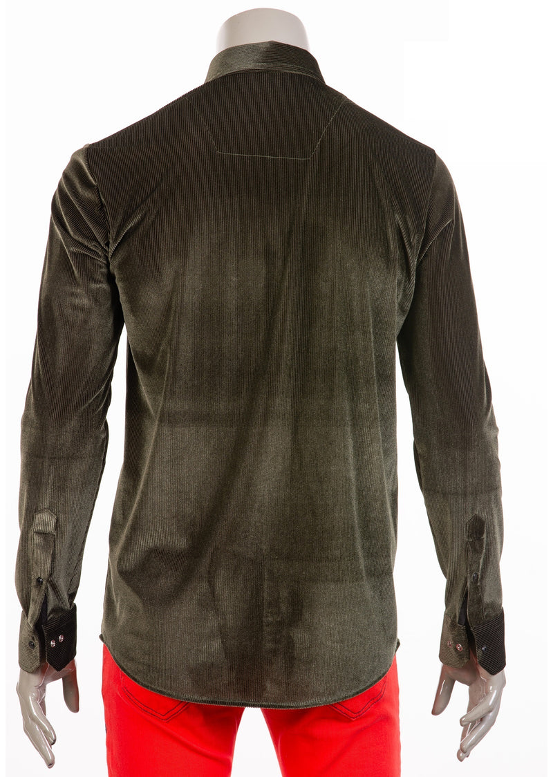 Green Tonal Stripe Velvet Shirt XXL / Green / VELVET/POLY/LYCRA Green Tonal Stripe Velvet Shirt XXL / Green / VELVET/POLY/LYCRA