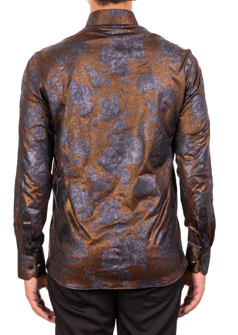 Metallic Brown Roses Jacquard Shirt