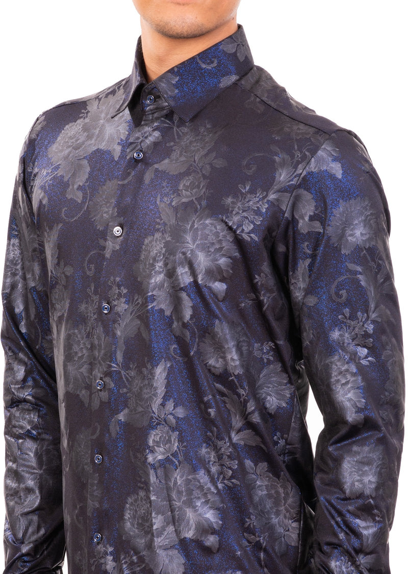 Metallic Blue Roses Jacquard Shirt