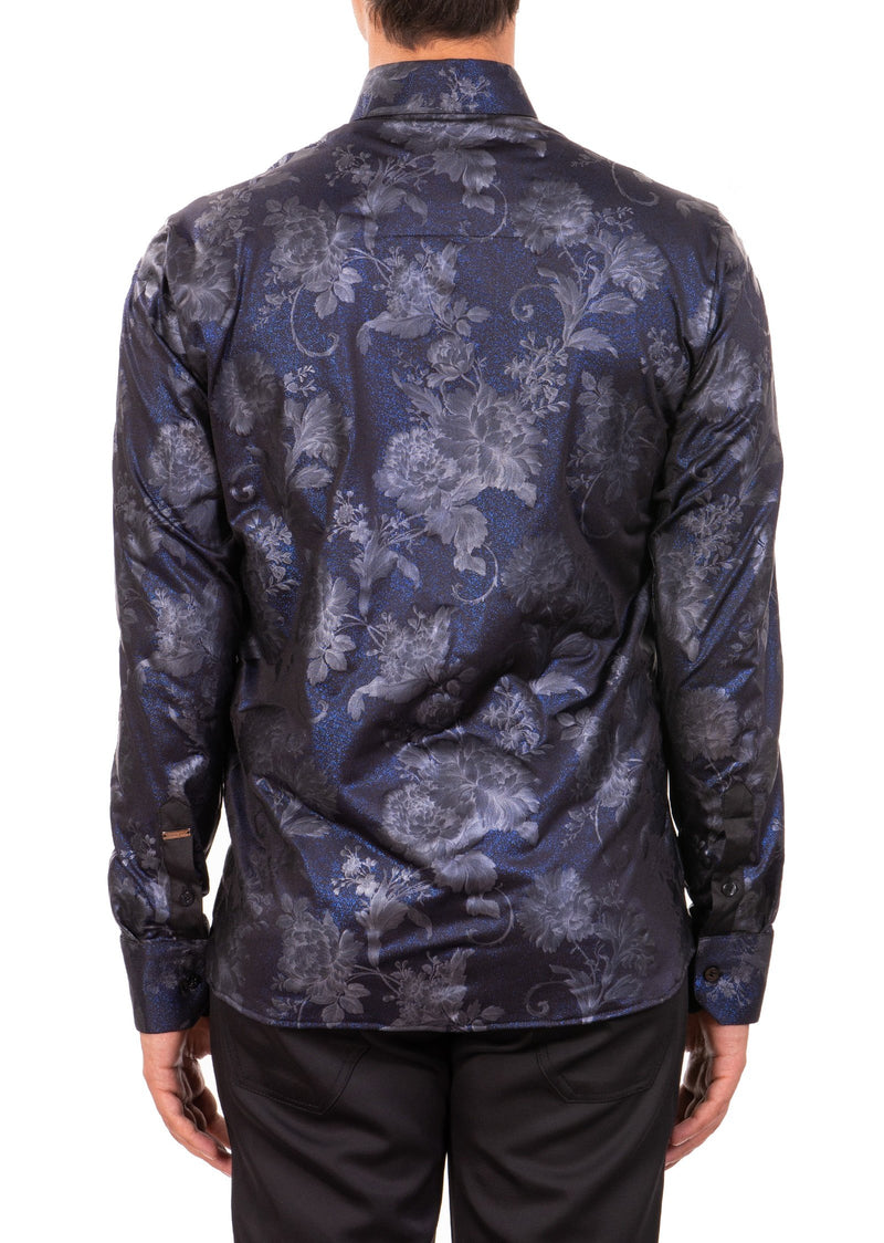 Metallic Blue Roses Jacquard Shirt