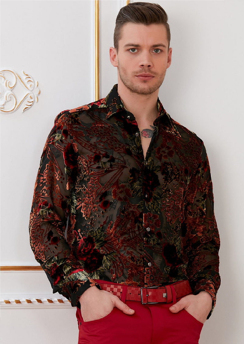 Black Brown Floral Velvet Shirt