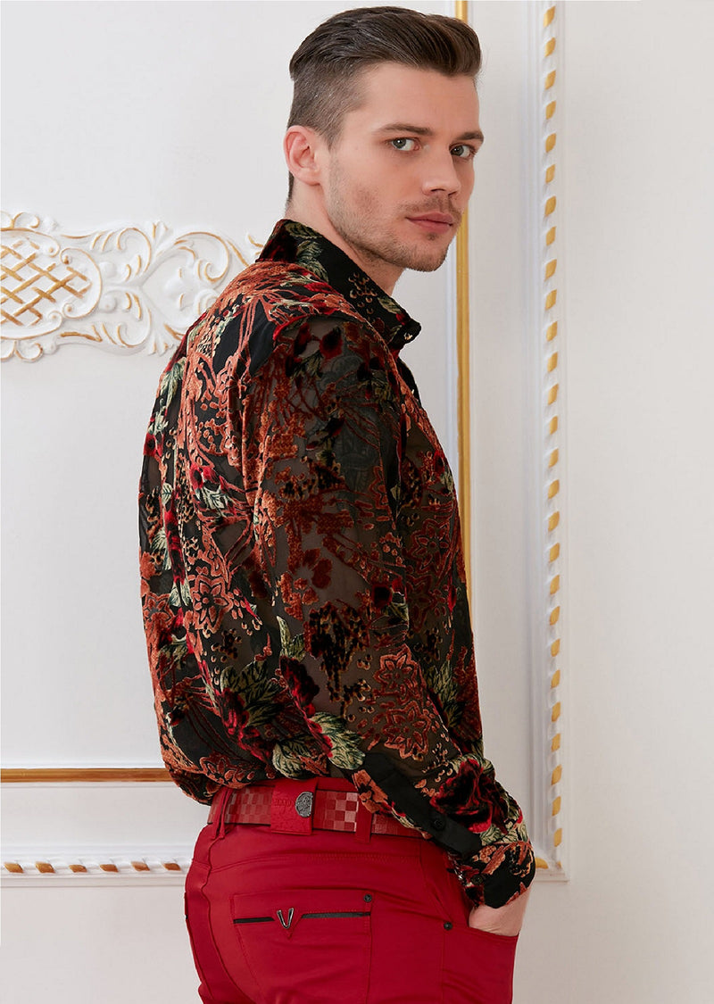 Black Brown Floral Velvet Shirt MONDO Menswear Black Brown Floral Velvet Shirt MONDO Menswear
