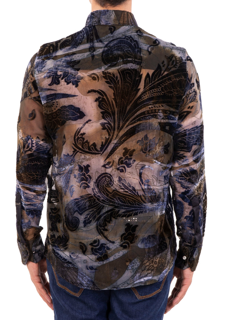 Blue Paisley Burnout Velvet Shirt