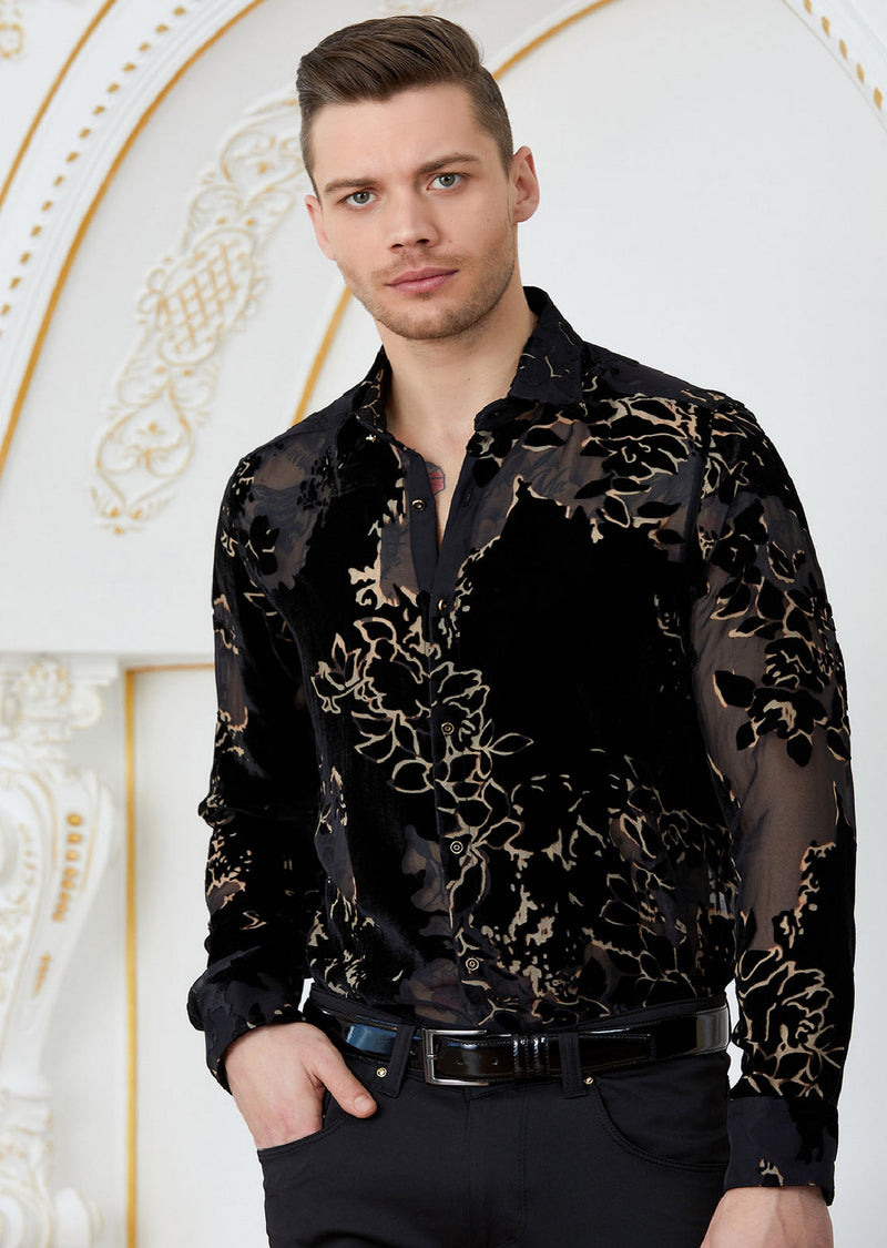 Black Gold Leaf Burnout Velvet Shirt