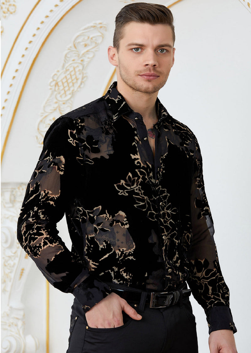 Black Gold Leaf Burnout Velvet Shirt