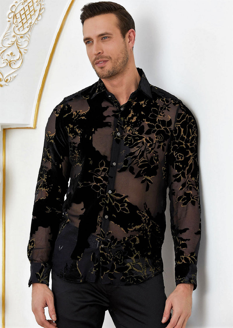 Black And Golden Flowers Print Full Sleeves Shirt