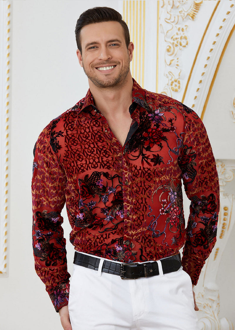 Red Floral Burnout Velvet Shirt – MONDO Menswear