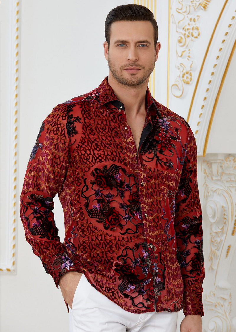 Red Floral Burnout Velvet Shirt