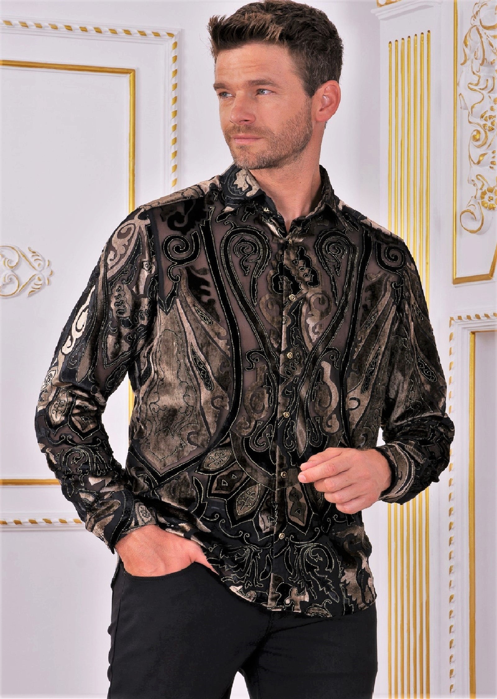 トップス DOMON velvet shirts Brown Motif Velvet Sheer Shirt – MONDO Menswear