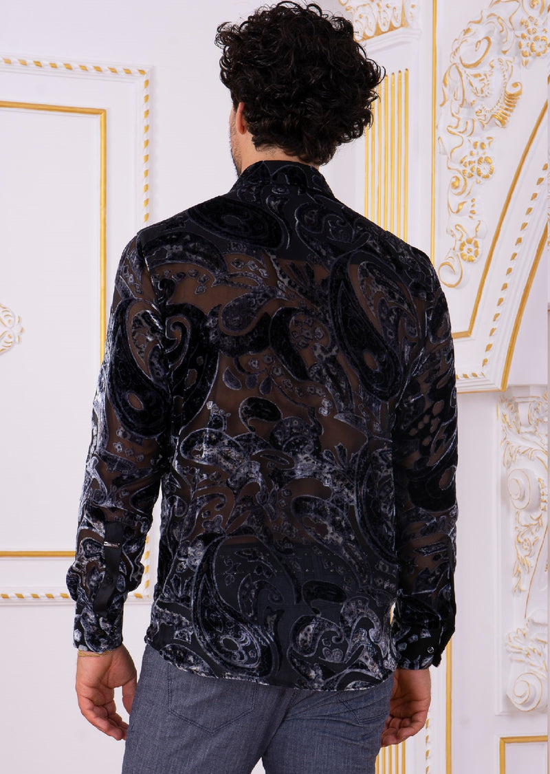 Gray Baroque Velvet Sheer Shirt