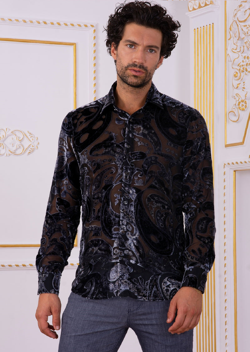 Gray Baroque Velvet Sheer Shirt