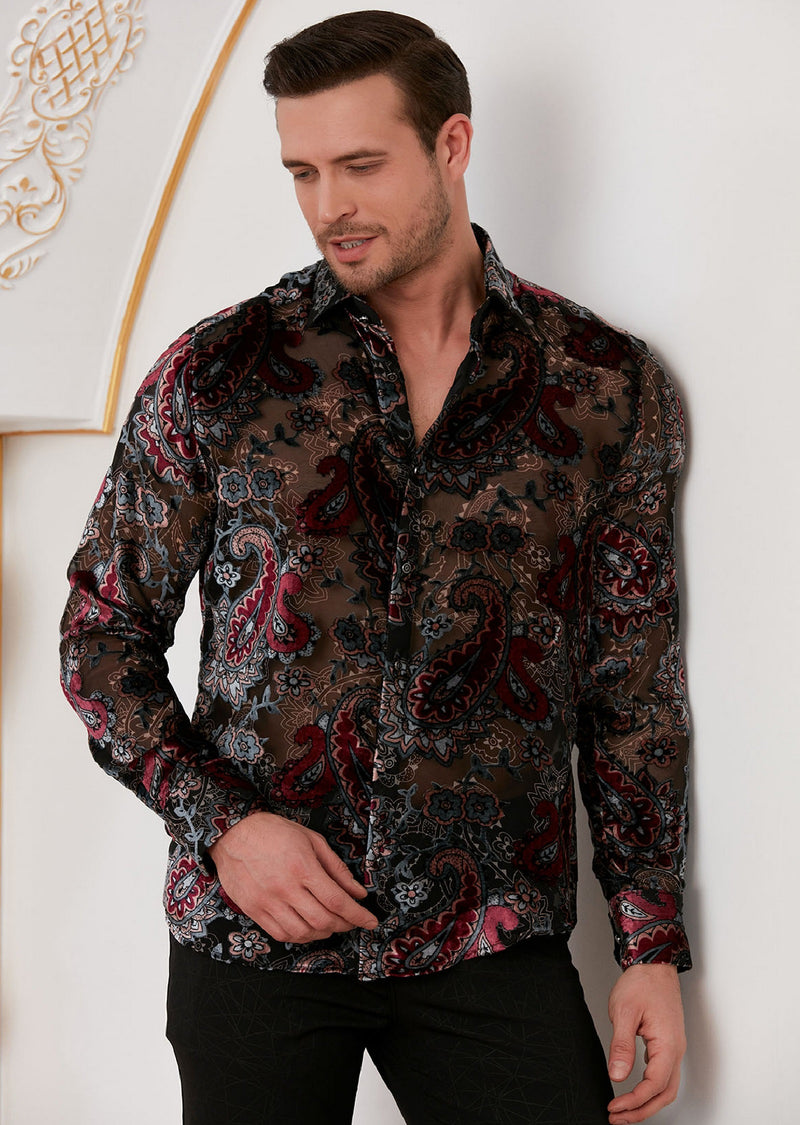 Burgundy Gray Paisley Velvet Shirt