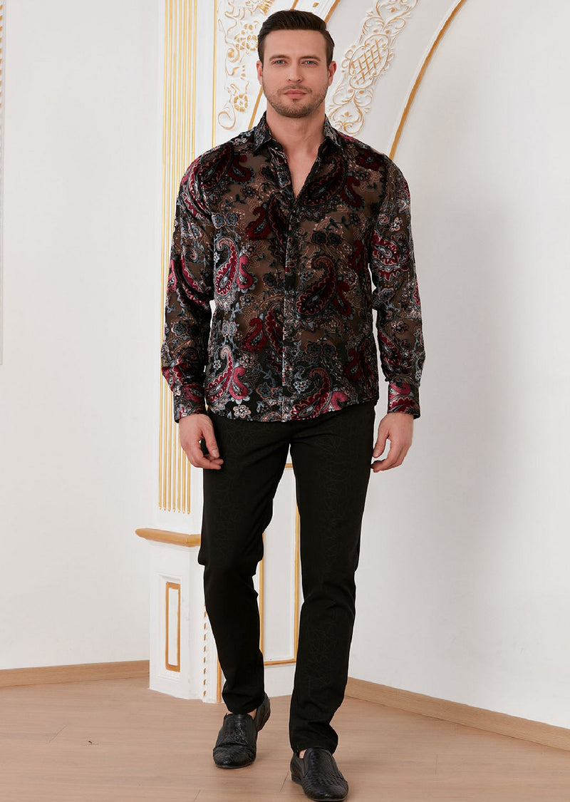 Burgundy Gray Paisley Velvet Shirt 4XL / Burgundy / Cotton/Poly Burgundy Gray Paisley Velvet Shirt 4XL / Burgundy / Cotton/Poly