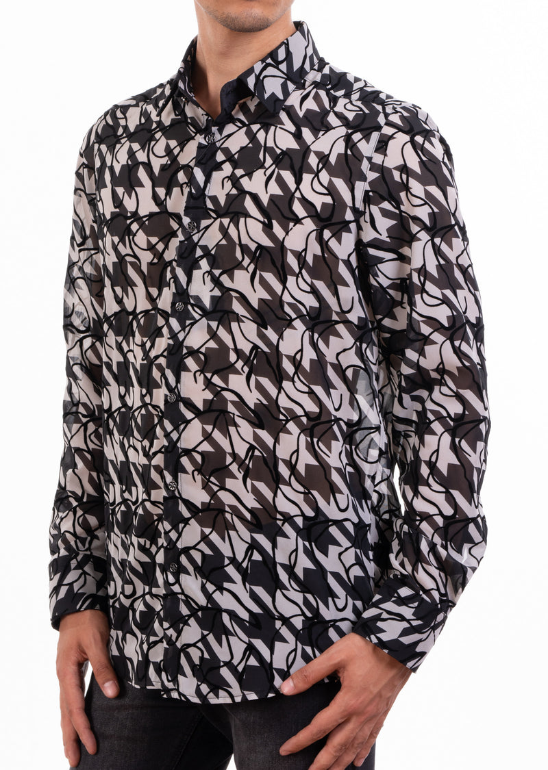 Black Hounstooth Flock Sheer Shirt