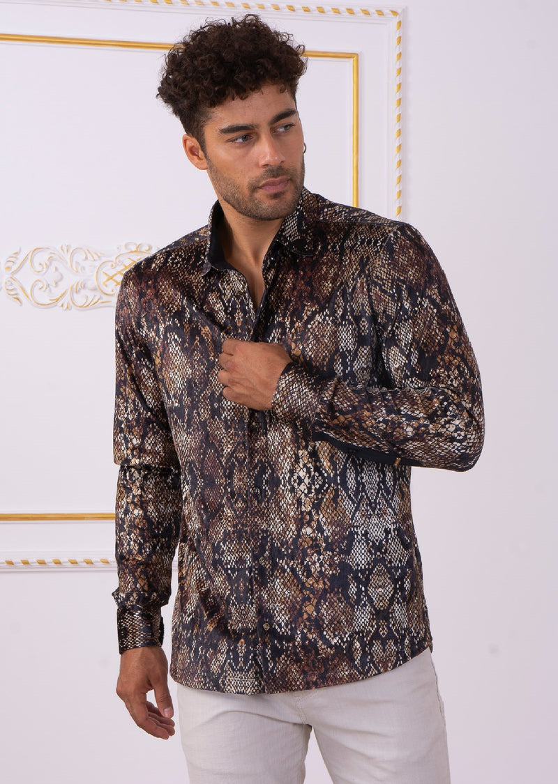 Brown Snake Print Velvet Shirt