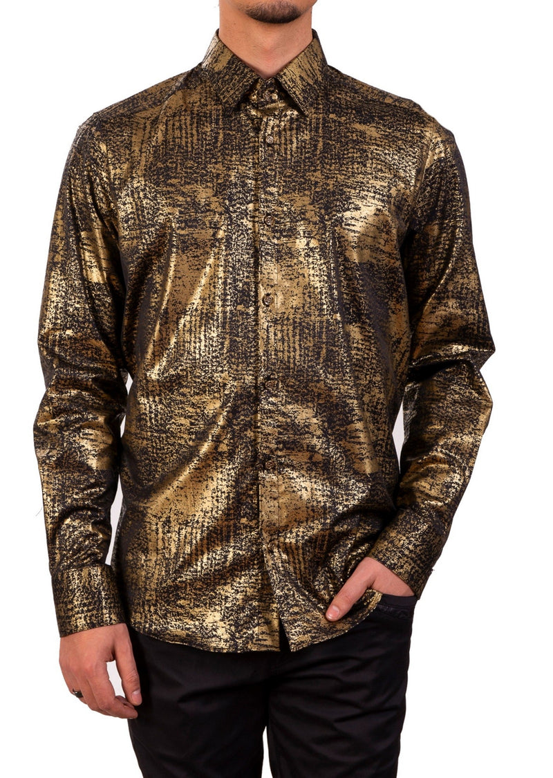 Black Gold Foil Long Sleeve Shirt MONDO Menswear Black Gold Foil Long Sleeve Shirt MONDO Menswear