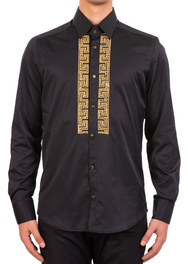 Black Gold Meander Panel Rhinestone Shirt