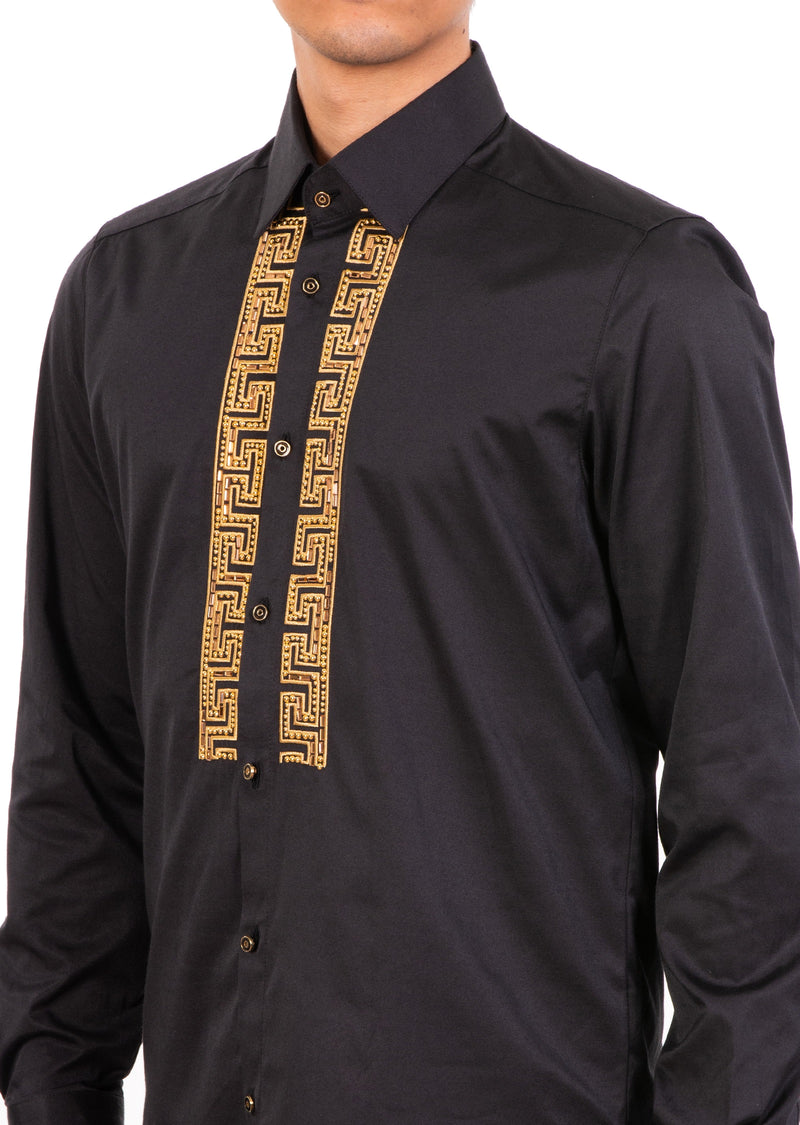 Black Gold Meander Panel Rhinestone Shirt