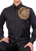 Black Gold Meander Lion Rhinestone Shirt