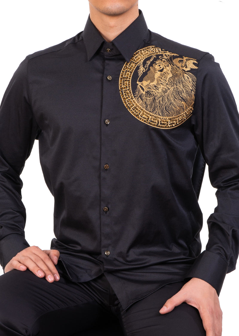Black Gold Meander Lion Rhinestone Shirt 4XL / Black / Cotton/Lycra Black Gold Meander Lion Rhinestone Shirt 4XL / Black / Cotton/Lycra