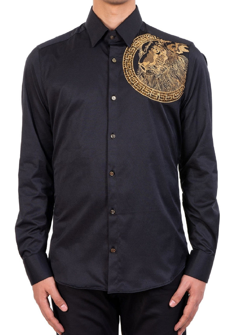 Black Gold Meander Lion Rhinestone Shirt