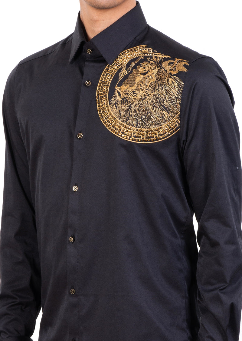 men's black and gold dress shirt Black Gold Meander Lion Rhinestone Shirt 4XL / Black / COTTON/LYCRA