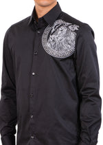 Black Silver Meander Lion Rhinestone Shirt